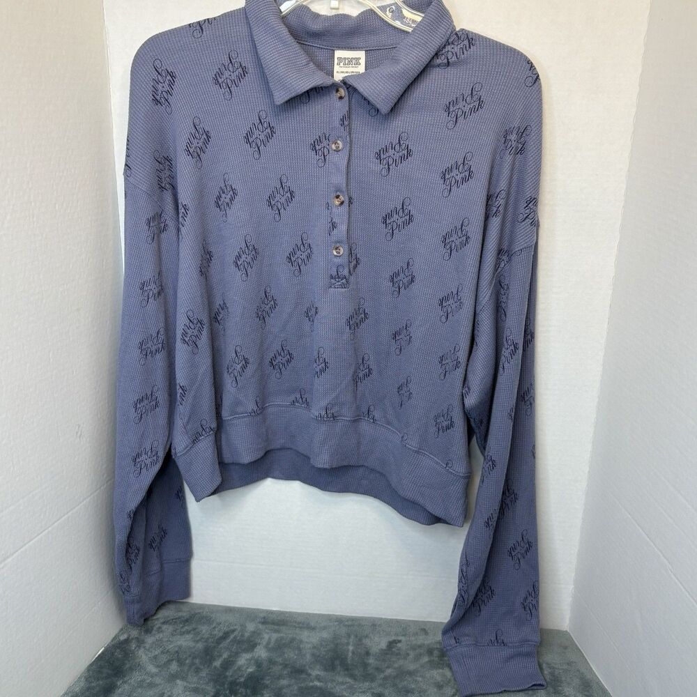 Womens Victorias Secret Pink Sleepwear Blue Crop Top Waffle Knit Long Sleeve XL